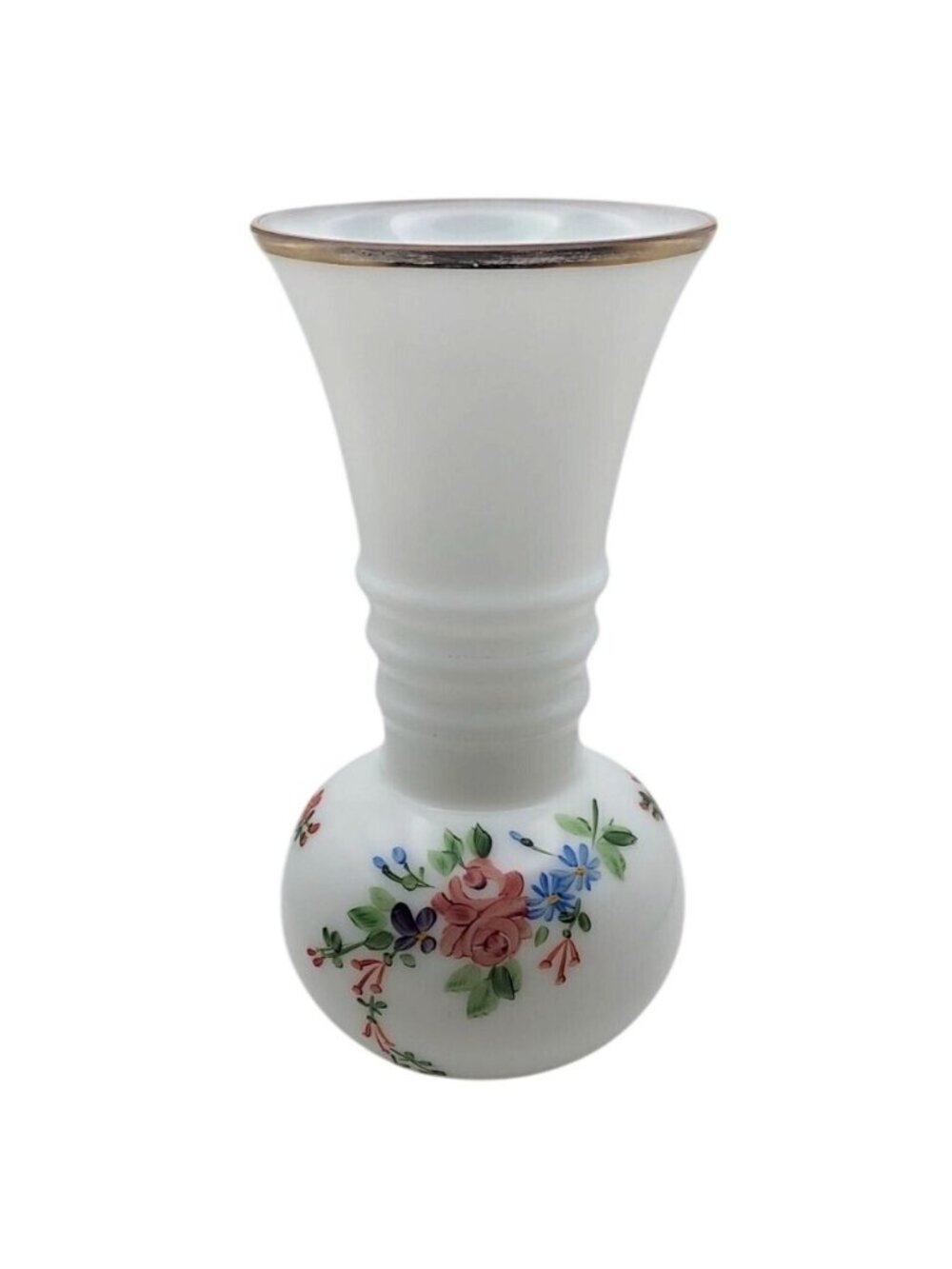 Milk Glass Ball Vase Hand Painted Floral Ribbed Gold Trim Vintage Cottagecore - Picture 1 of 7